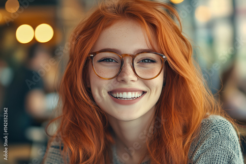 Portrait of smiling red-haired young woman with freckles wears glasses in gray sweater