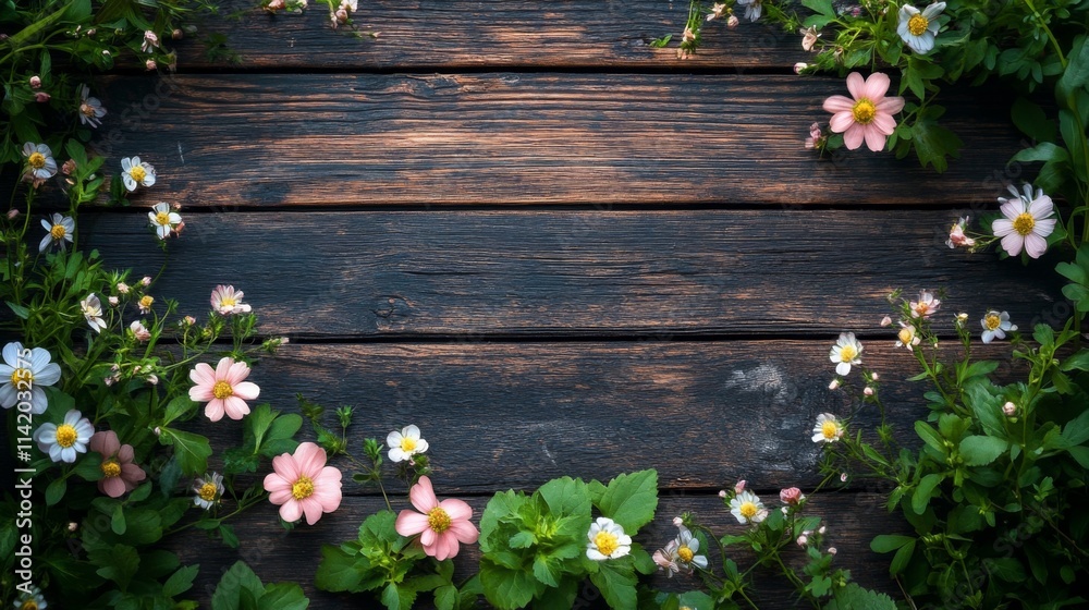 Wooden background with pink flowers and green leaves Wooden background with pink flowers and green leaves