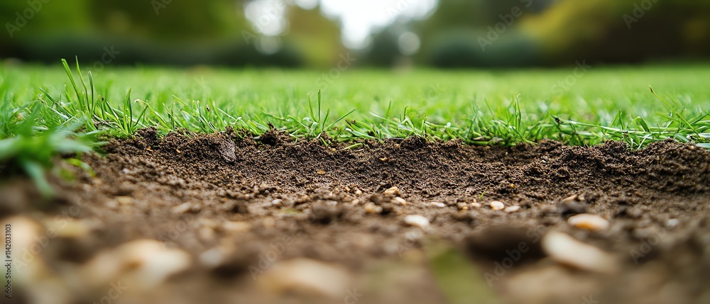 Fototapeta premium Lawn with brown patches caused by grub and chinch bug damage, roots affected by larvae, dry spots, garden landscaping tips, cinematic focus, photorealistic, 8K detail