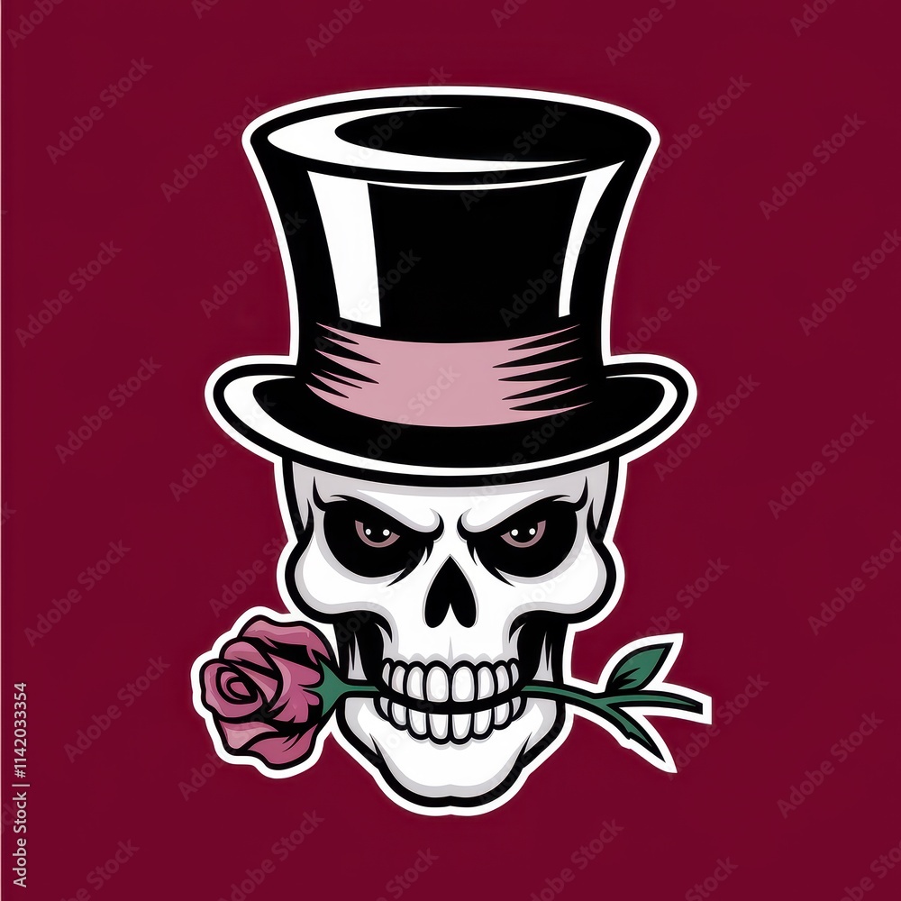 Skull wearing top hat holding rose in teeth Skull wearing top hat holding rose in teeth