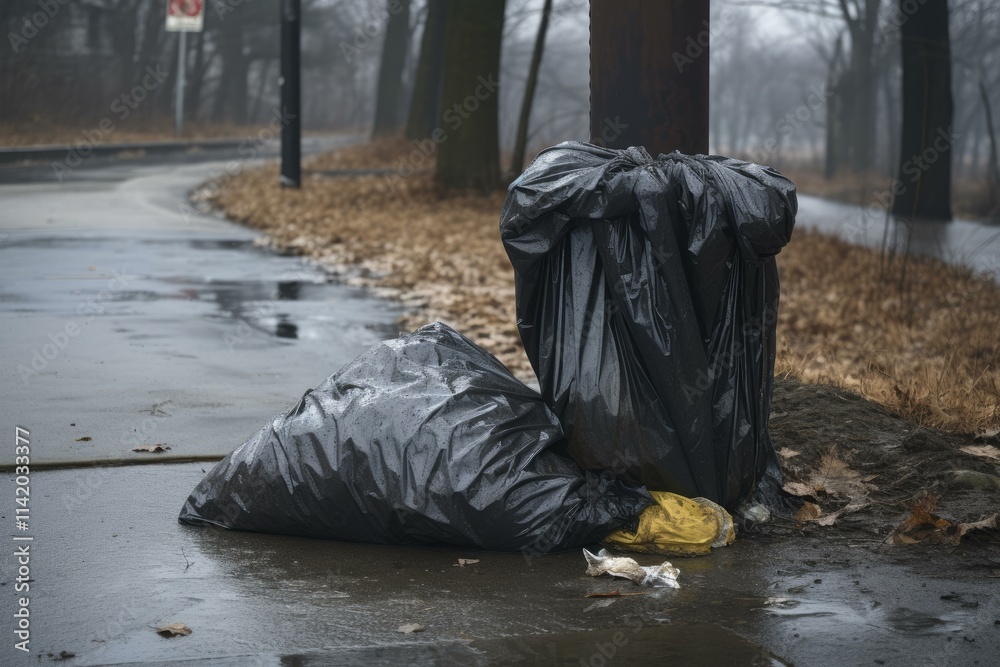 Black garbage bags overflowing with trash pollute a city park path on a foggy, rainy day Black garbage bags overflowing with trash pollute a city park path on a foggy, rainy day