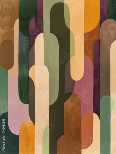 An arrangement of rounded, vertical shapes in various colors, including shades of brown, beige, green, and purple