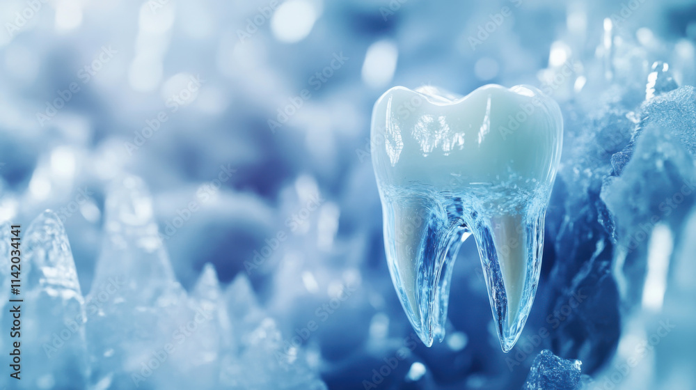 Realistic depiction of a shiny tooth resting on ice crystals, showcasing dental health, freshness, and hygiene in a visually appealing manner surrounded by cold clarity. Realistic depiction of a shiny tooth resting on ice crystals, showcasing dental health, freshness, and hygiene in a visually appealing manner surrounded by cold clarity.