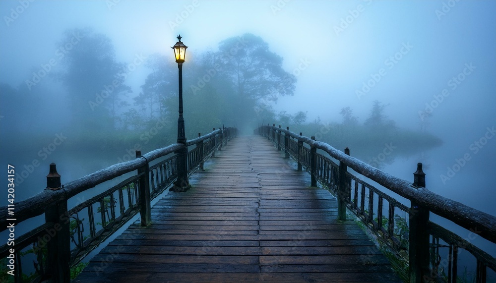 A quiet little bridge visible in the thick fog, with a dim light hanging at its tip A quiet little bridge visible in the thick fog, with a dim light hanging at its tip