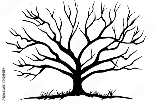 A black-and-white minimalist line drawing of a leafless tree.  photo