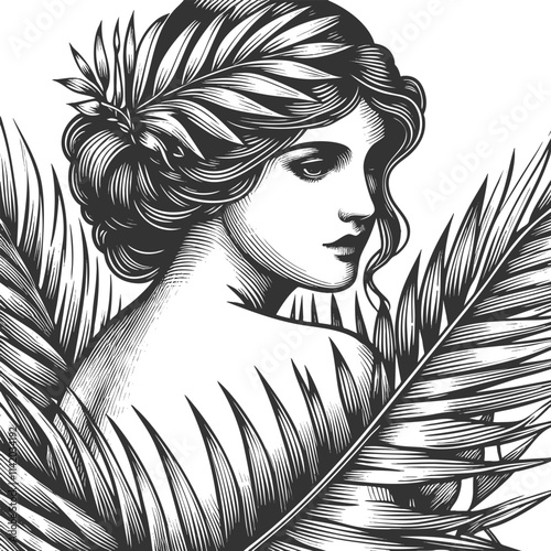 graceful woman with intricately braided hair, surrounded by large palm leaves, exuding natural beauty and elegance sketch engraving generative ai vector illustration. Scratch board. Black and white.