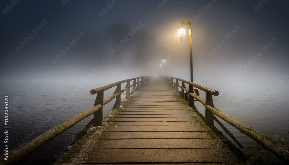 A quiet little bridge visible in the thick fog, with a dim light hanging at its tip A quiet little bridge visible in the thick fog, with a dim light hanging at its tip