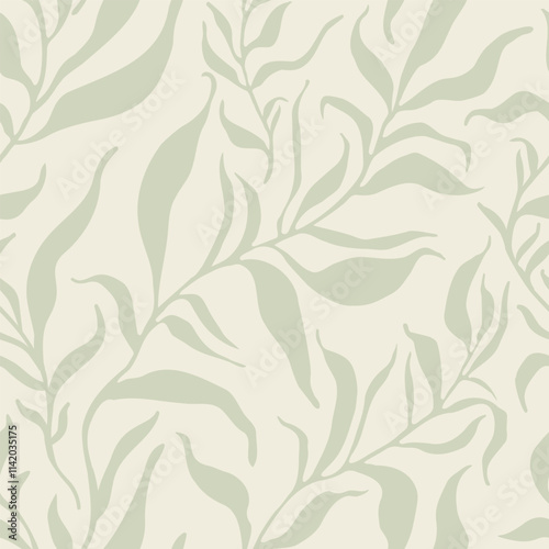 Elegant olive leaves branch abstract seamless pattern. Leaf modern art background. Organic shapes design for summer prints, cover, home deco wallpaper, social media post, story. Vector art