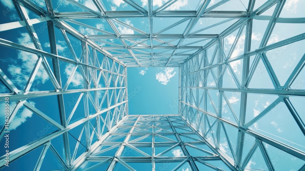 Fototapeta premium Glass Structure Reflecting Blue Sky and Clouds