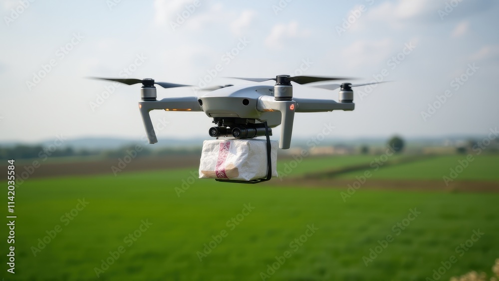 A drone hovering above a rural farm, monitoring fields and delivering supplies to remote areas A drone hovering above a rural farm, monitoring fields and delivering supplies to remote areas