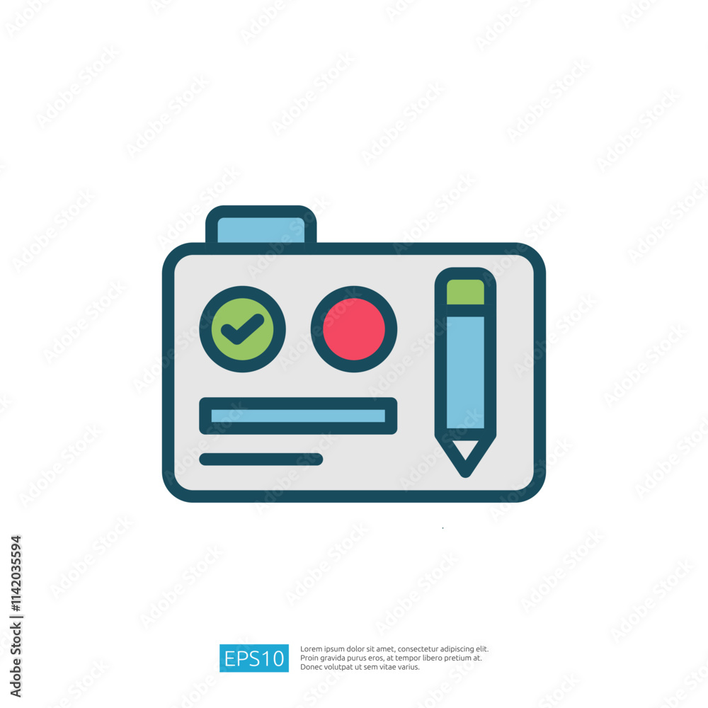 This image depicts a simple graphic representation of an identification card, featuring a checkmark, a colored circle, and a pencil, symbolizing verification or editing. This image depicts a simple graphic representation of an identification card, featuring a checkmark, a colored circle, and a pencil, symbolizing verification or editing.