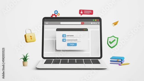 Cyber security concept. Web page login, secure access to user's personal information, data protection and secured internet access. Login page with username and password on 3D laptop. 4K 3D animation