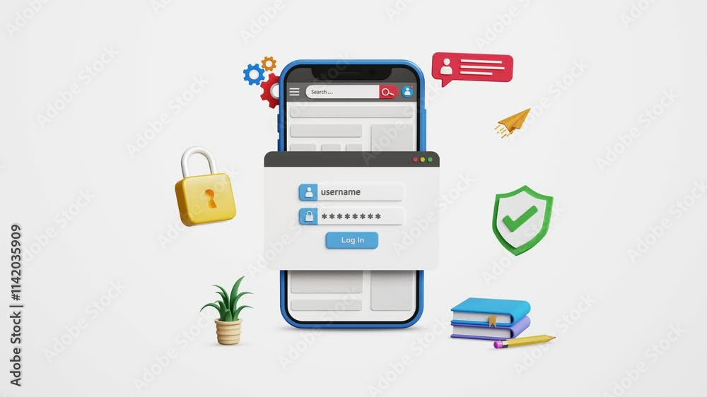 Cyber security concept. Web page login, secure access to user's personal information, data protection and secured internet access. Login page with username, password on 3D smartphone. 4K 3D animation