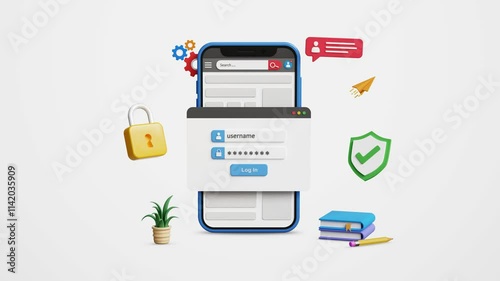 Cyber security concept. Web page login, secure access to user's personal information, data protection and secured internet access. Login page with username, password on 3D smartphone. 4K 3D animation