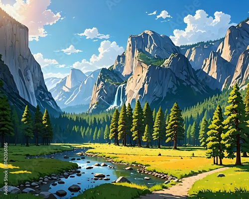 Yosemite Valley landscape painting, vibrant illustration of nature