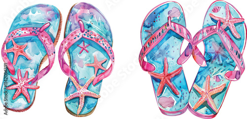 watercolor beach sandals with starfish decoration, clipart style isolated on white background 1