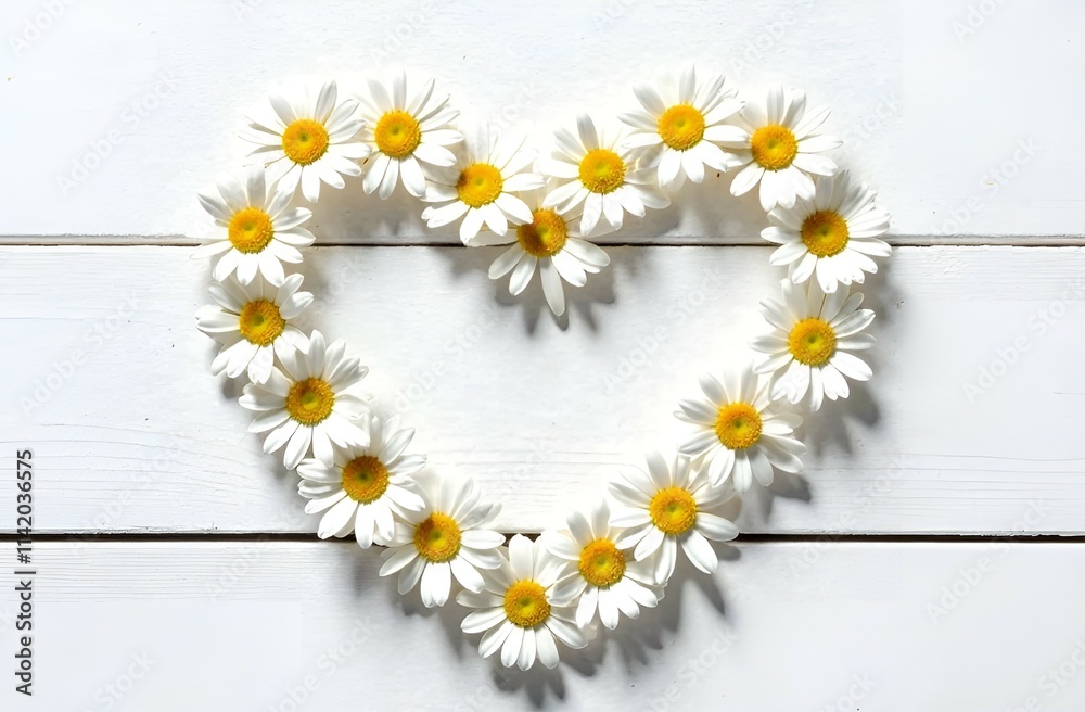 Obraz premium Romantic floral horizontal banner. Top view on Daisy Heart on white wooden board background. Summer love concept. Minimal elegant romantic Valentine's Day banner brochure poster cover template. 