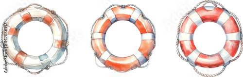 Vector lifebuoy red and white safety ring with rope illustration watercolor hand drawn marine rescue equipment isolated on white