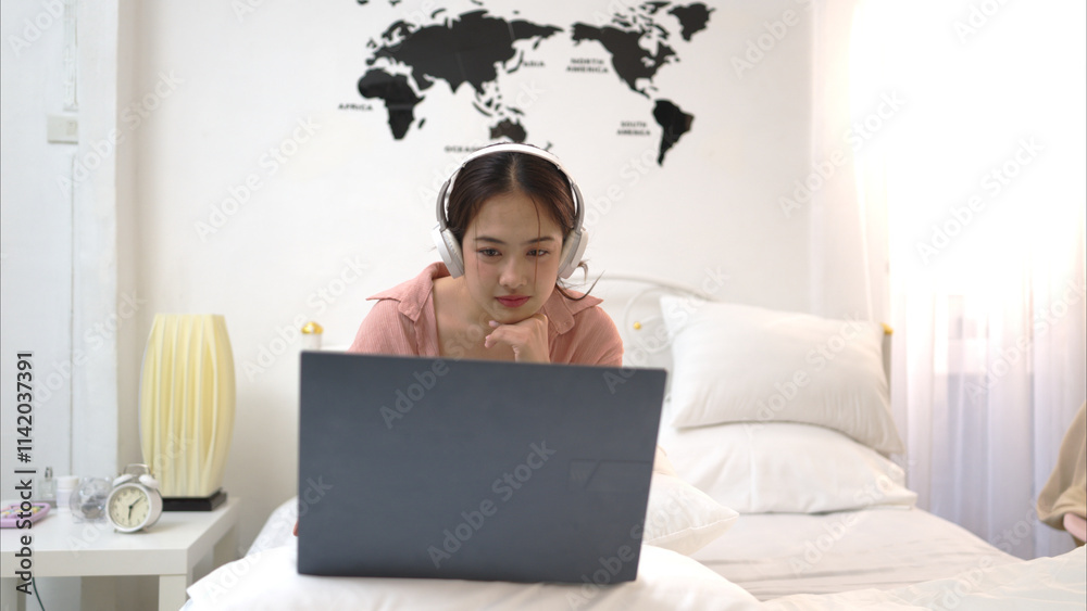 Asian young woman relaxing before bedtime on the bed in the bedroom Asian young woman relaxing before bedtime on the bed in the bedroom