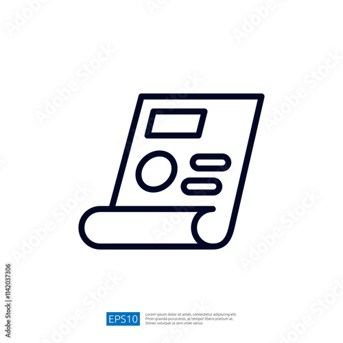 A simple graphic representation of a rolled document with a pie chart and text, symbolizing reports or presentations.