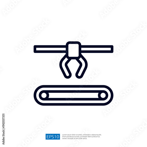 An illustration of a crane with a claw gripping a conveyor belt, symbolizing industrial automation and material handling processes.