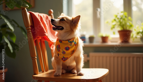 Happy Dog Sitting on Chair with Colorful Bandana photo