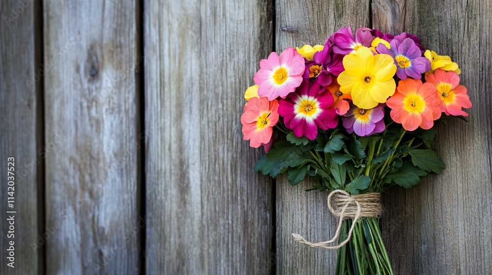 A bouquet of colorful primrose flowers tied with twine, resting against a rustic wooden fence A bouquet of colorful primrose flowers tied with twine, resting against a rustic wooden fence