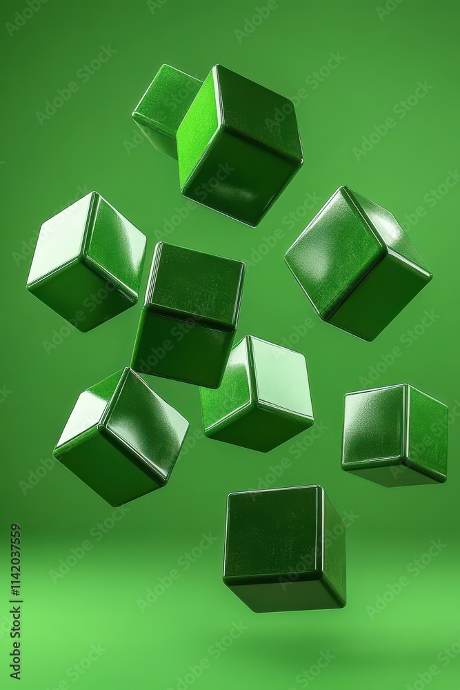 A dynamic arrangement of green blocks floating against a vibrant green background, creating a sense of motion and energy. A dynamic arrangement of green blocks floating against a vibrant green background, creating a sense of motion and energy.