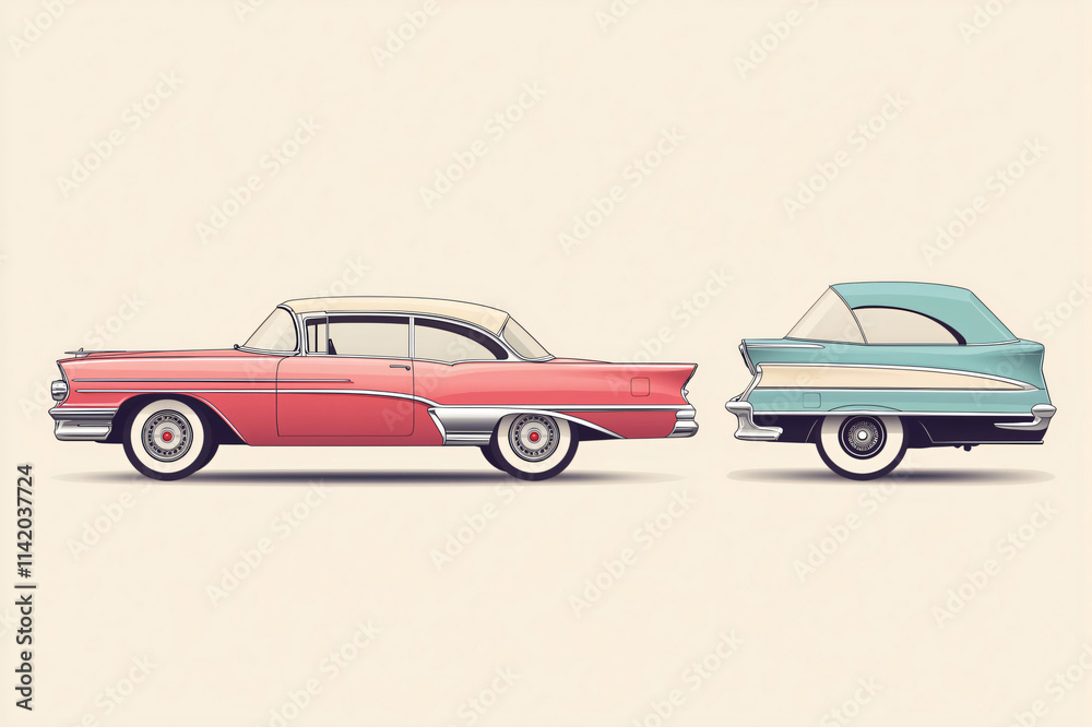 Obraz premium Two classic American vintage cars from the fifties parked in a side view perspective