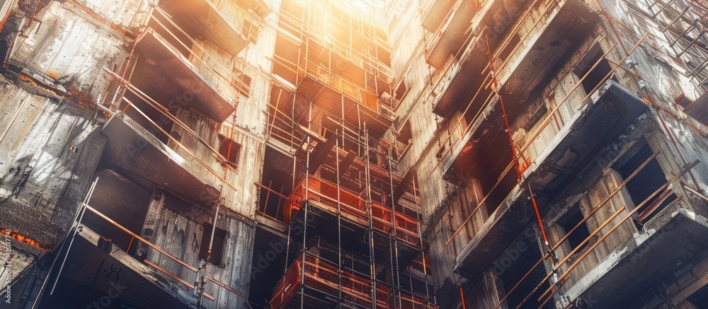 Fire-damaged high-rise building under construction, scaffolding visible. Fire-damaged high-rise building under construction, scaffolding visible.