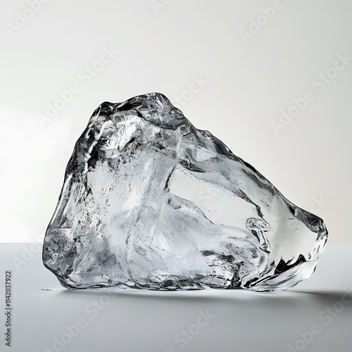 A chunk of ice with sharp edges, placed in front of a white background, slowly melting