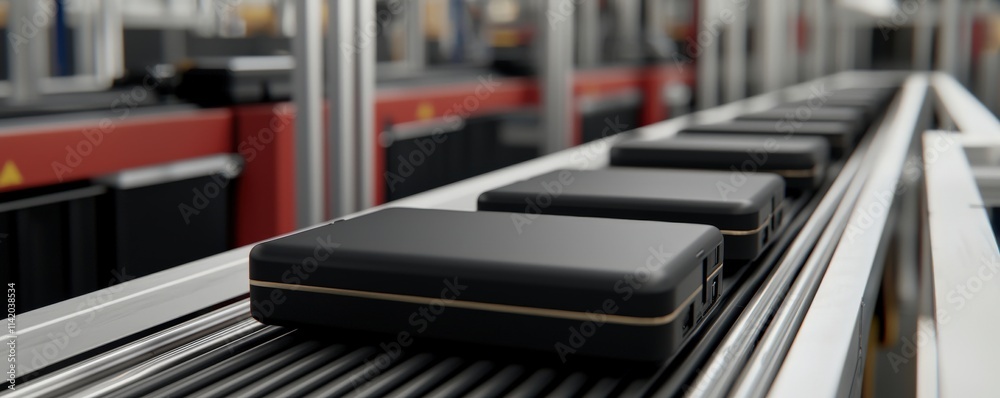 Efficiency increase speed innovation concept. Conveyor belt with black cases moving in a production line, showcasing industrial efficiency and streamlined manufacturing processes. Efficiency increase speed innovation concept. Conveyor belt with black cases moving in a production line, showcasing industrial efficiency and streamlined manufacturing processes.