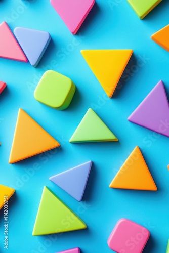 Free Download Colorful geometric shapes scattered on a bright blue background, creating a vibrant and playful atmosphere. - GFXLoad