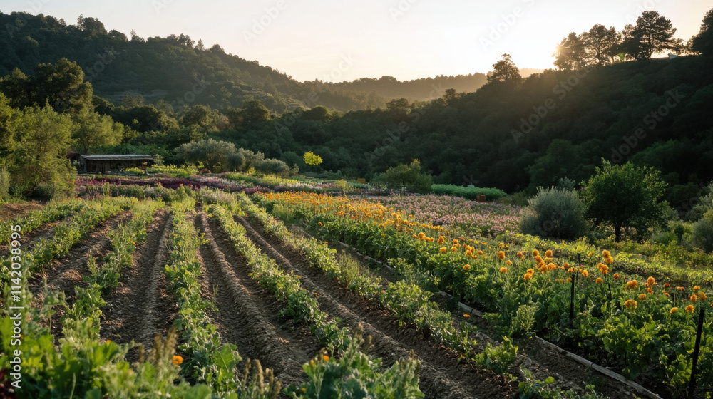 Naklejka premium Lush Fields at Sunrise with Vibrant Sunflowers and Colorful Vegetables in a Peaceful Rural Landscape, Embracing Nature's Beauty and Abundance