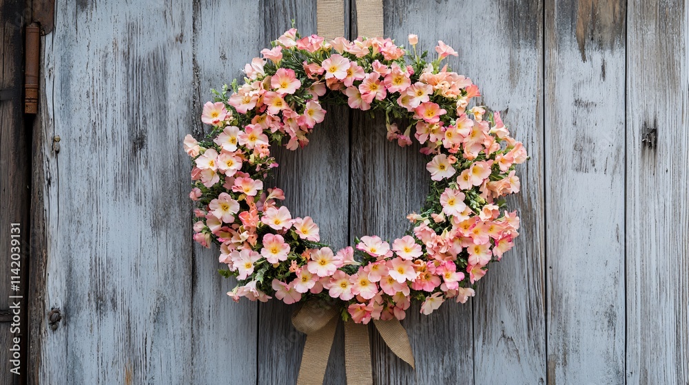 A rustic wreath made of primrose flowers, hanging on a weathered wooden door with a burlap ribbon A rustic wreath made of primrose flowers, hanging on a weathered wooden door with a burlap ribbon