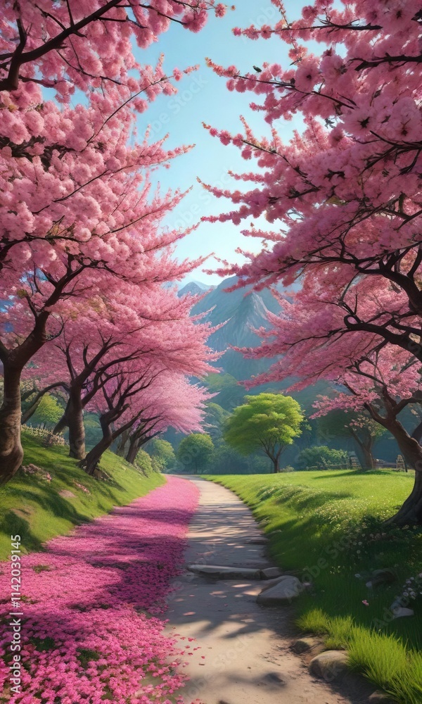 Obraz premium sweeping vista of cherry blossom trees with vibrant pink flowers and lush green foliage, wildflower fields, springtime scenery