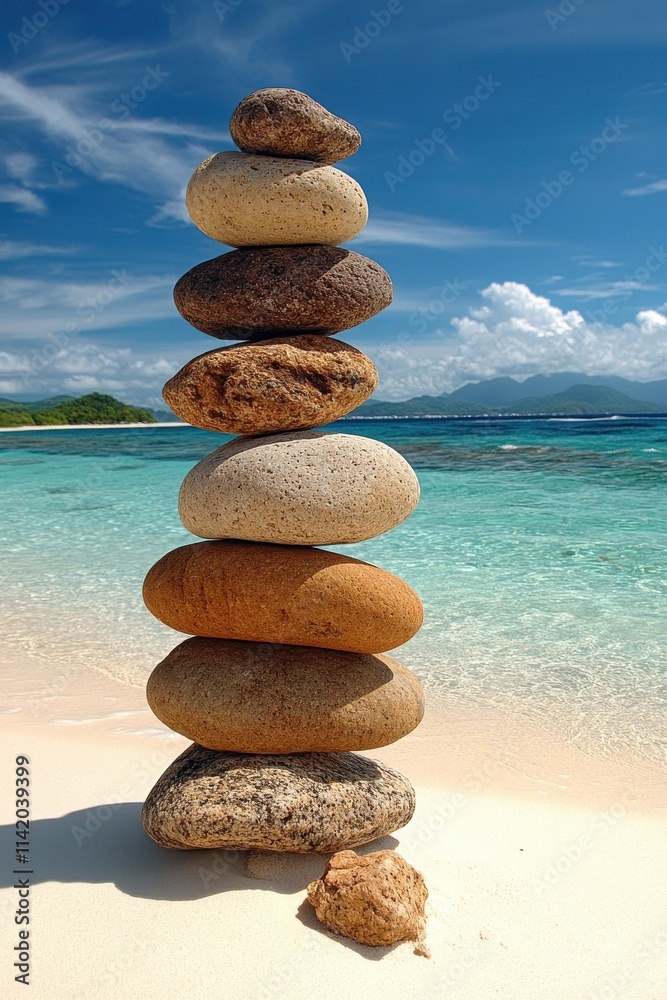 A serene stack of smooth stones balanced on a sandy beach with turquoise waters and a clear blue sky. A serene stack of smooth stones balanced on a sandy beach with turquoise waters and a clear blue sky.