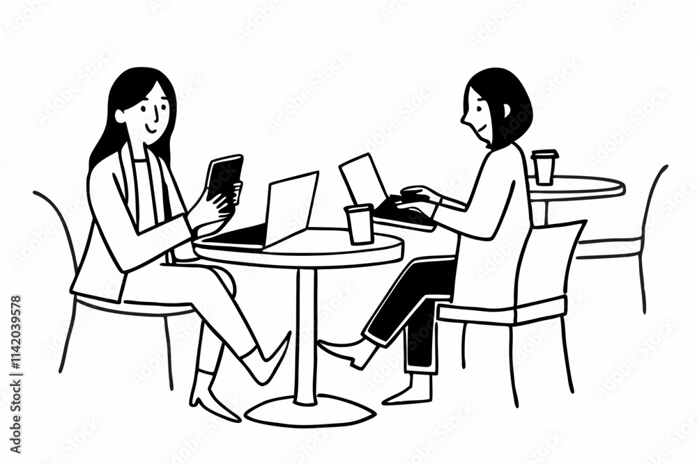 Friends businesswoman using digital tablet. Girls sitting in cafe. Busines communication. Internet laptop technology working process project Friends businesswoman using digital tablet. Girls sitting in cafe. Busines communication. Internet laptop technology working process project