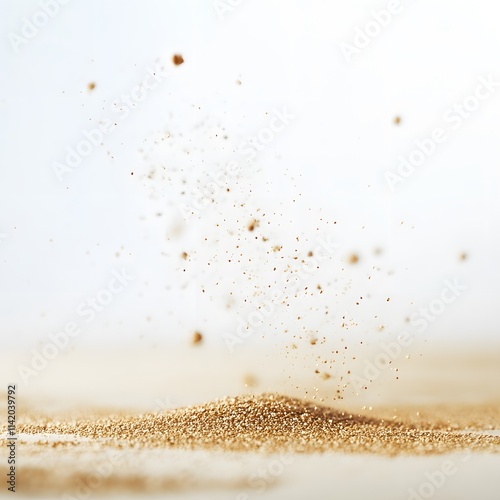 A wind gust sending tiny grains of sand floating in the air against a white backdrop