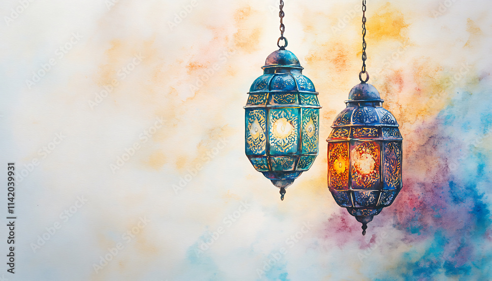 Obraz premium Watercolor Arabic lanterns glowing on a white background Muslim Ramadan Kareem Eid celebration.