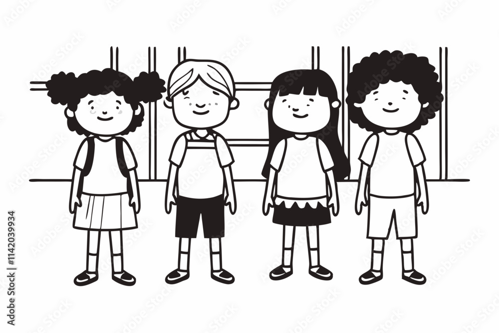 Happy diverse junior school students children group looking at camera standing in classroom. Smiling multiethnic cool kids boys and girls friends posing for group portrait together Happy diverse junior school students children group looking at camera standing in classroom. Smiling multiethnic cool kids boys and girls friends posing for group portrait together