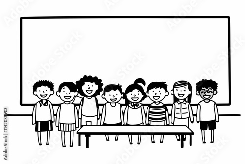 Happy diverse junior school students children group looking at camera standing in classroom. Smiling multiethnic cool kids boys and girls friends posing for group portrait together