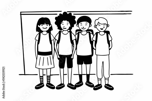 Happy diverse junior school students children group looking at camera standing in classroom. Smiling multiethnic cool kids boys and girls friends posing for group portrait together
