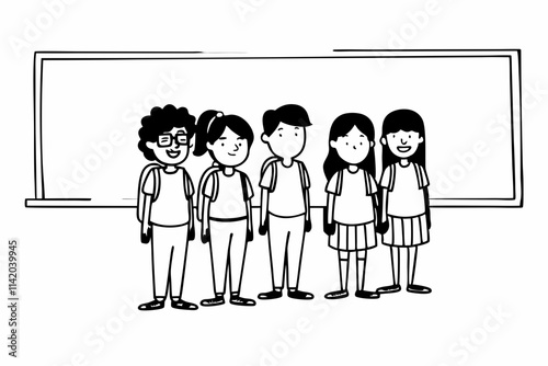 Happy diverse junior school students children group looking at camera standing in classroom. Smiling multiethnic cool kids boys and girls friends posing for group portrait together