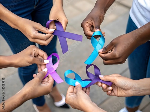 Cancer survivor man. Diverse Hands Holding Awareness Ribbons for Various Causes photo