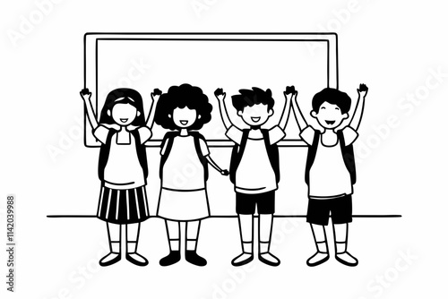 Happy diverse junior school students children group looking at camera standing in classroom. Smiling multiethnic cool kids boys and girls friends posing for group portrait together