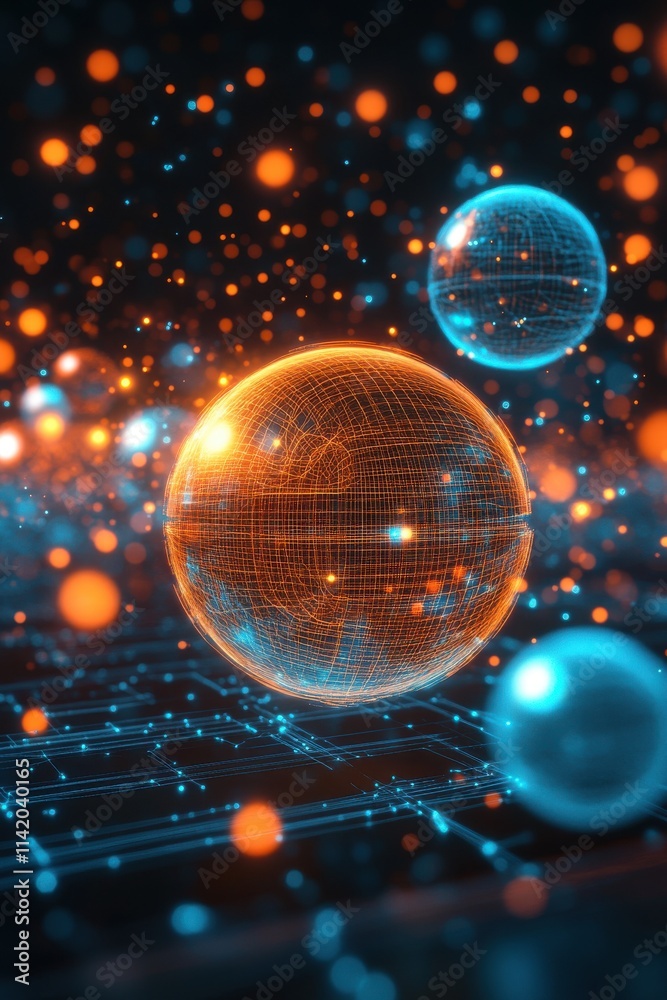 A stunning digital representation of interconnected globes with an energetic glow against a dark background. A stunning digital representation of interconnected globes with an energetic glow against a dark background.