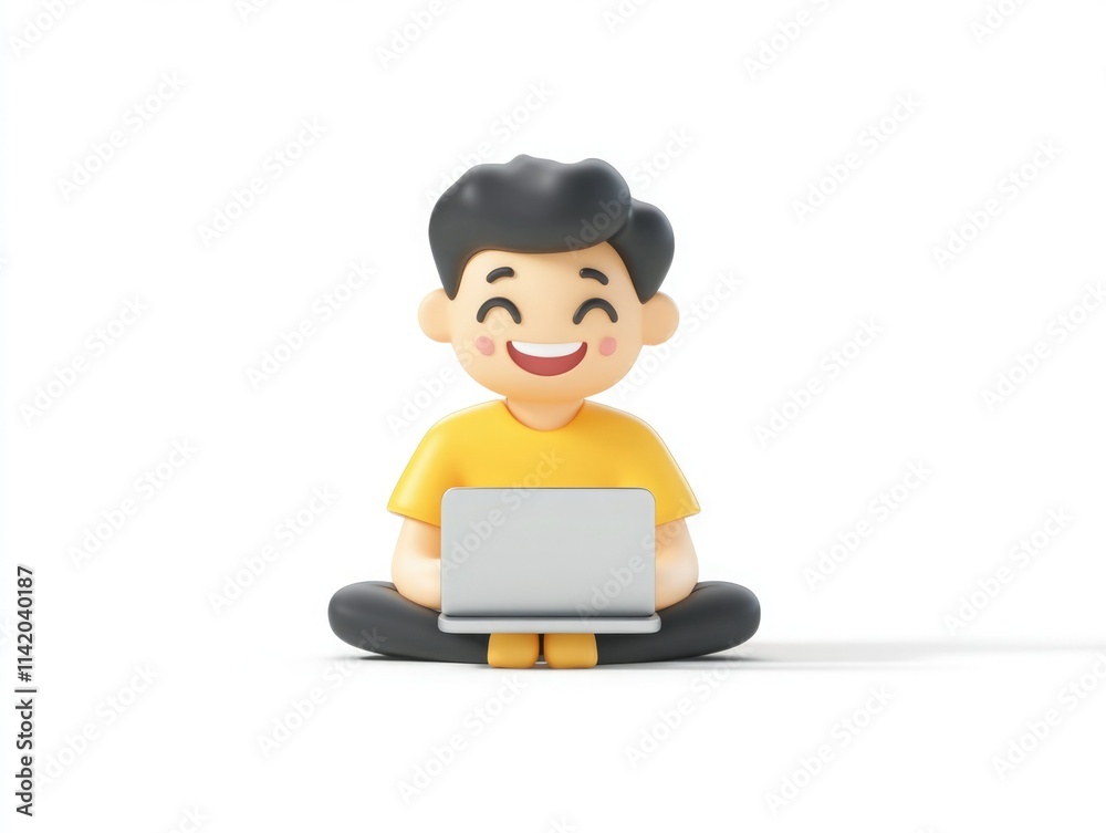 Happy character sitting cross-legged with a laptop, showcasing cheerful engagement in online activity Happy character sitting cross-legged with a laptop, showcasing cheerful engagement in online activity
