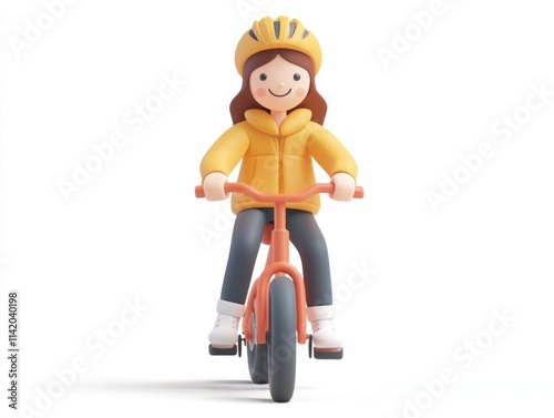 Child riding a bicycle in a yellow jacket and helmet with a cheerful expression while enjoying a sunny day outdoors