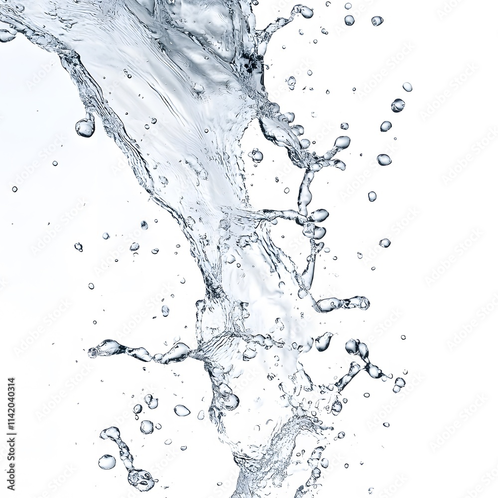 A powerful jet of water spraying outward, frozen mid-action on a white background A powerful jet of water spraying outward, frozen mid-action on a white background